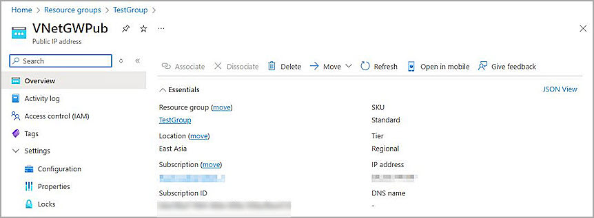 Screenshot of the virtual network gateway public IP address.